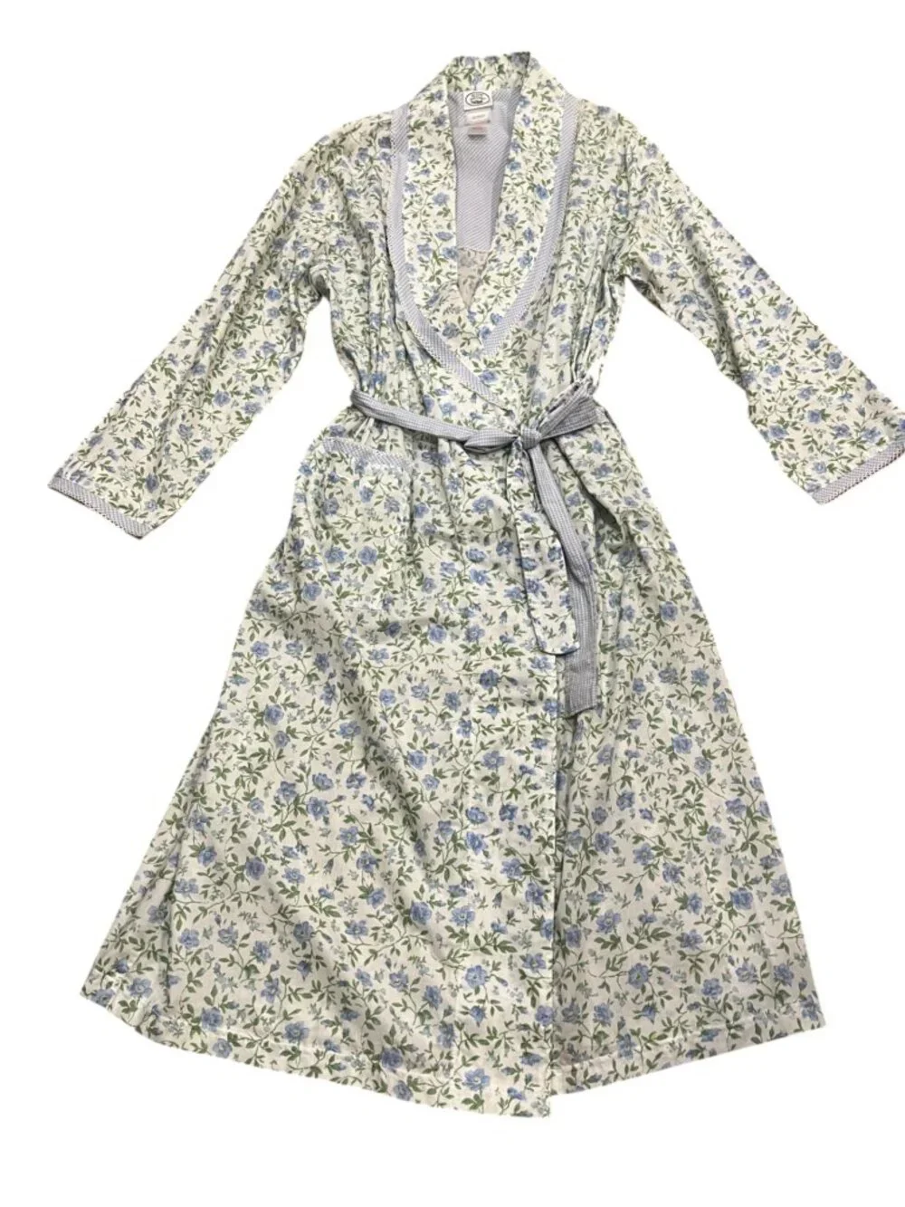 Laura Ashley Floral Cotton Midi Length Robe, NWT, White Blue, L